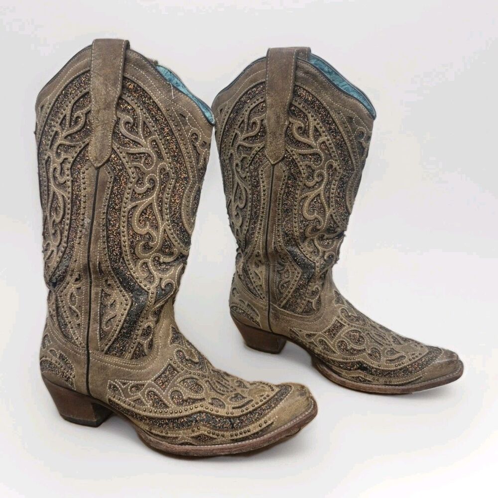 Corral Boots Women's Size 10 Western Embroidered Golden Glitter Inlay Leather